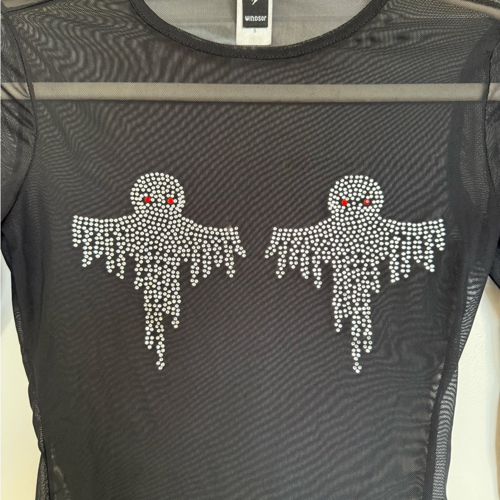Windsor Black Mesh Long Sleeve Top with Ghost Rhinestone Design - Picture 3 of 4